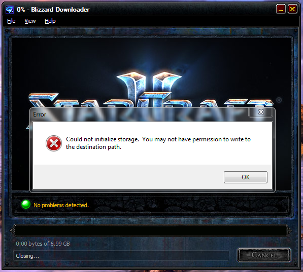 Could not initialize storage. Could not initialize storage. You may not have permission to write to the destination path.