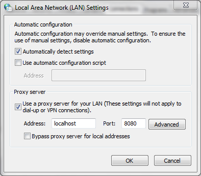 Local Area Network (LAN) Settings dialog in Windows, with a proxy server configured.