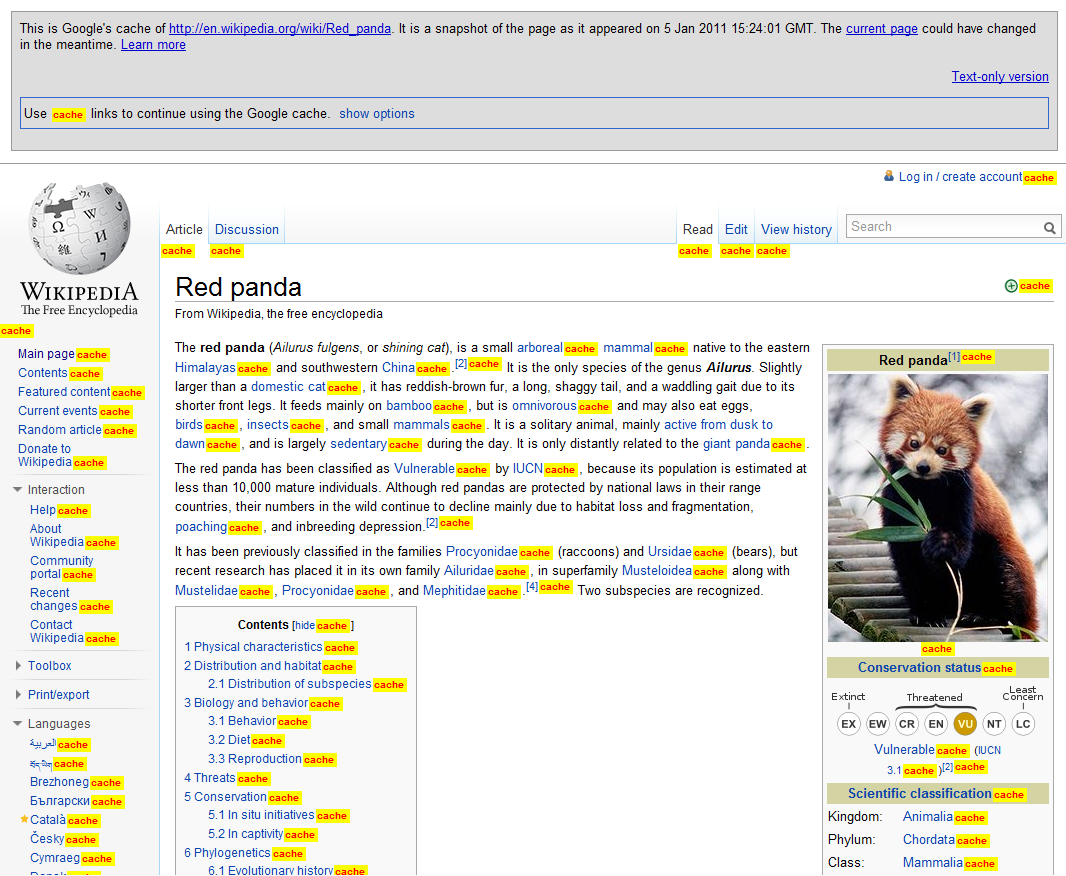 Example output of the Google Cache Continue Redux user script. Shows a yellow button that says "cache" in red along with every link.